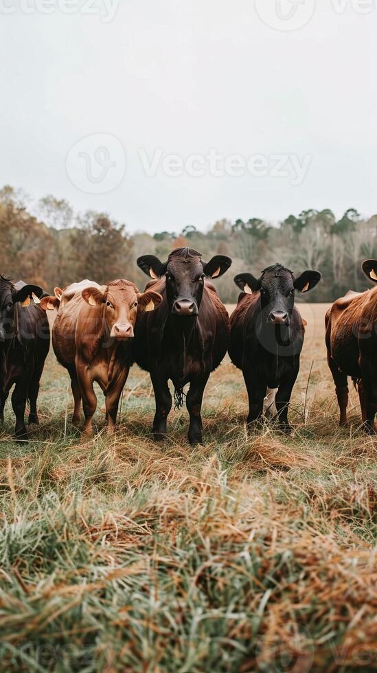 Group of diverse cattle standing together in autumn field photo