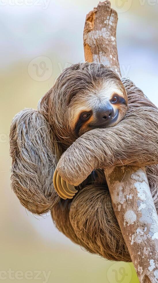 Cute sloth hanging on tree branch in the wild photo