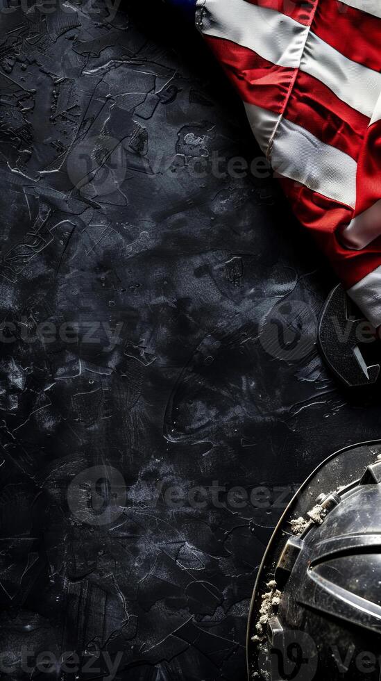 Industrial Tools and American Flag on Dark Background photo
