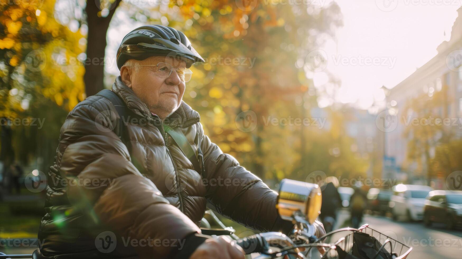 Senior man biking through autumn city street, wearing a helmet and winter jacket, embracing healthy lifestyle and outdoor activity in urban environment photo