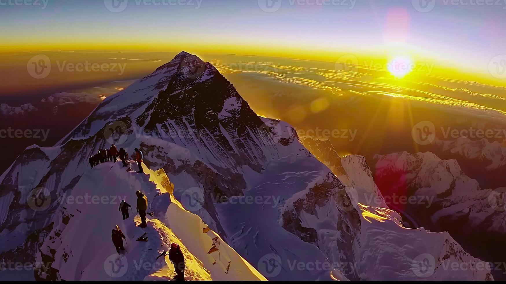 Breathtaking Sunrise Over Mount Everest Summit with Climbers on Snowy Ridge photo