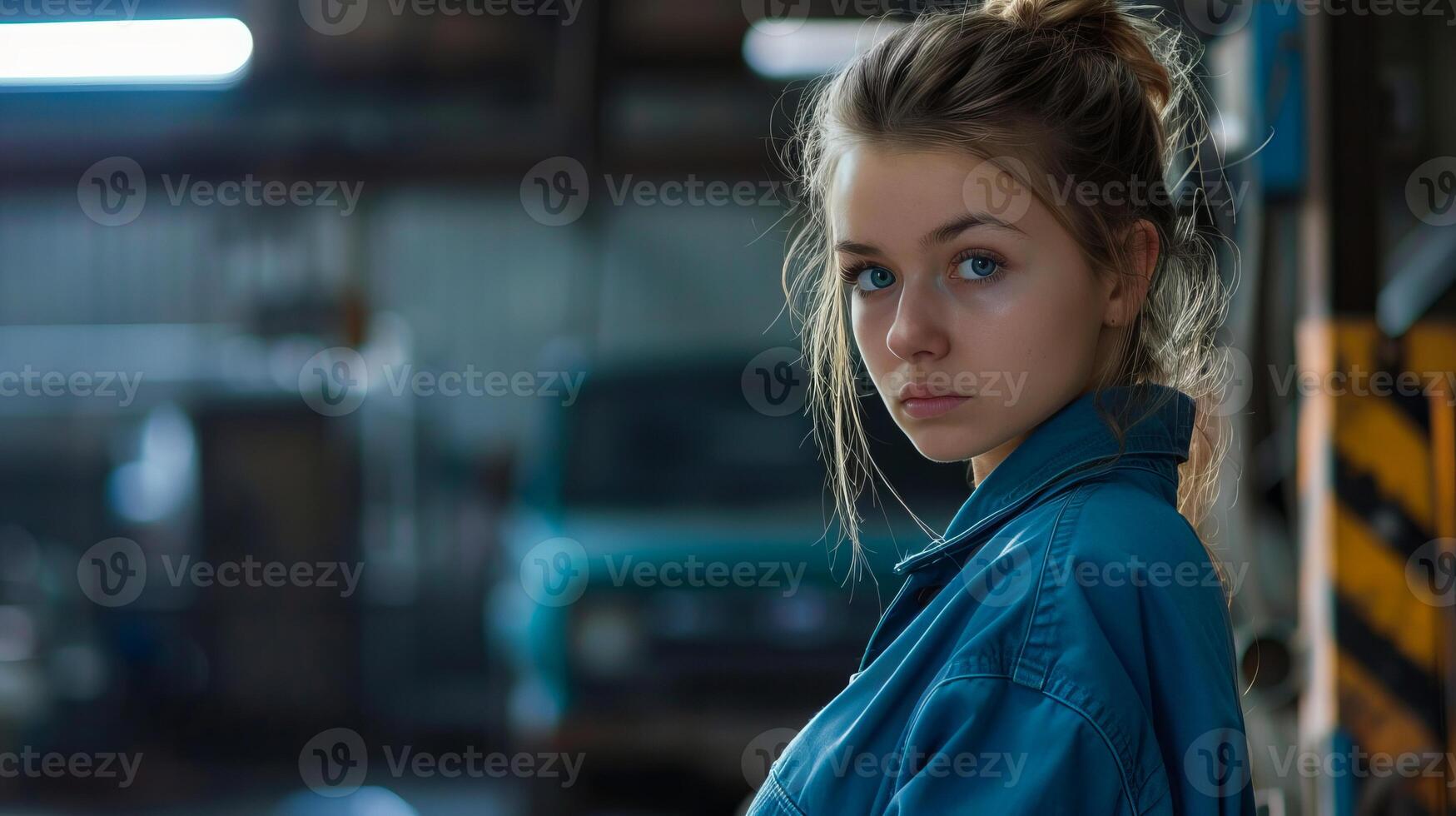 Young woman in blue overalls standing in a workshop, looking at camera with a serious expression photo