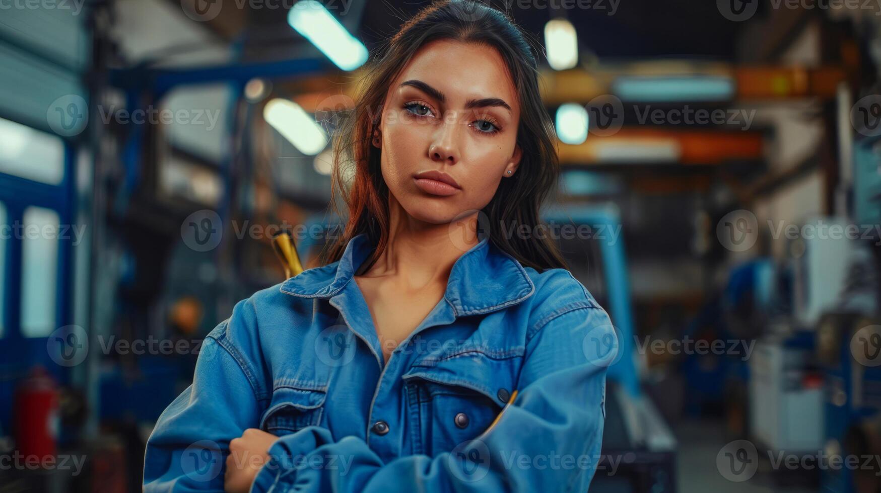 Young woman in denim jacket with arms crossed, confidently standing in an industrial workshop, showcasing strength and determination photo