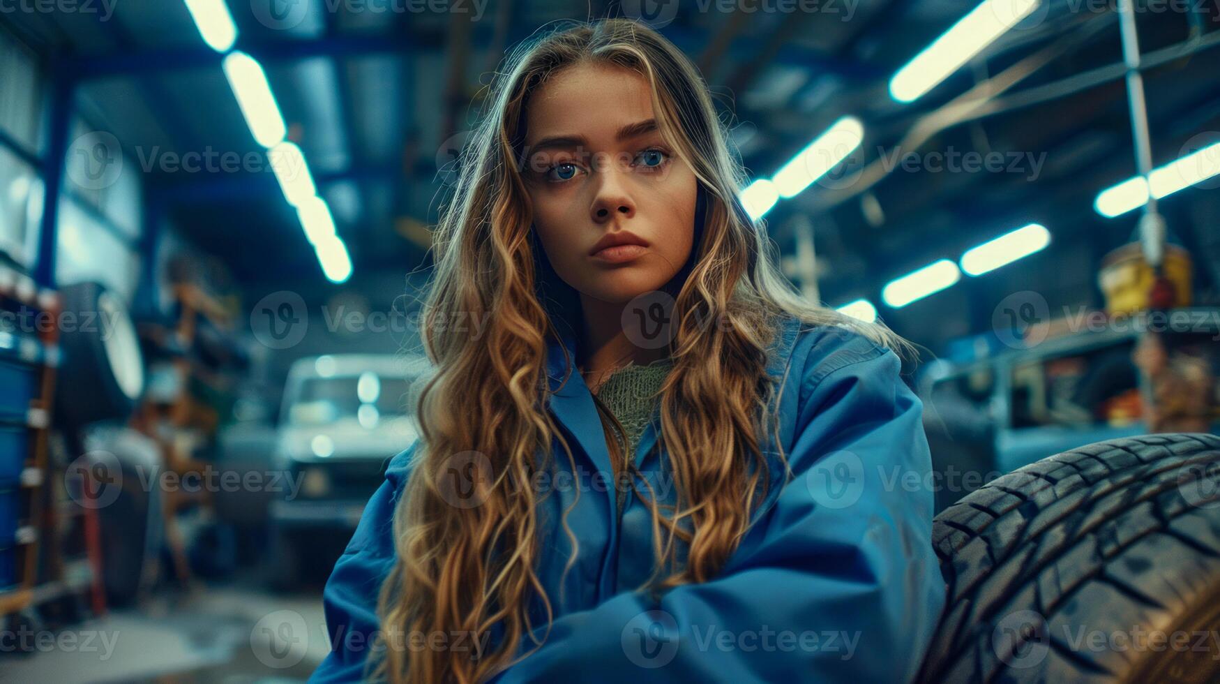 Young woman in a blue mechanic's jumpsuit in a well-lit auto repair shop, tire in foreground photo