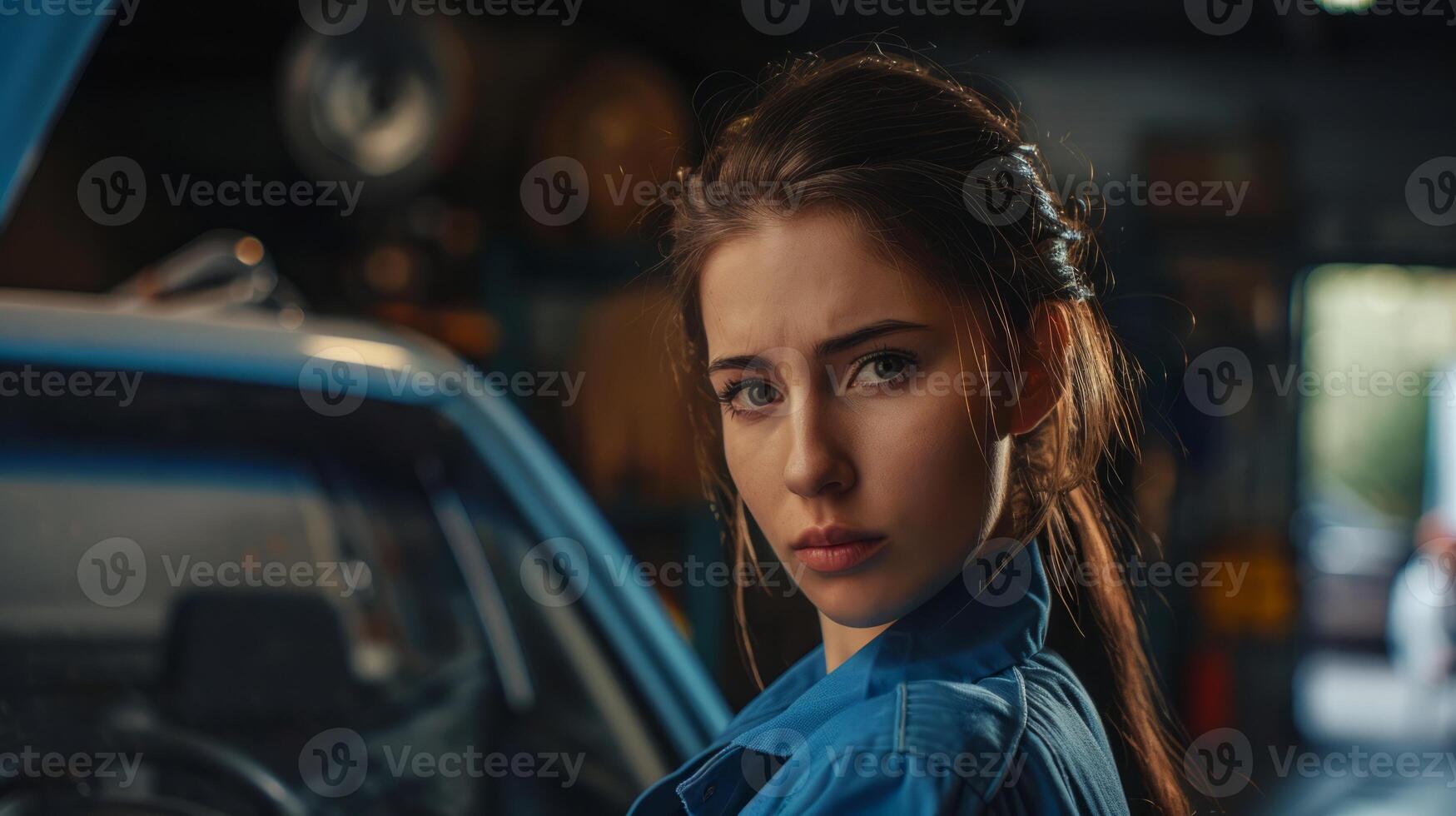 Determined Young Female Mechanic Working on a Classic Car in a Garage Workshop photo