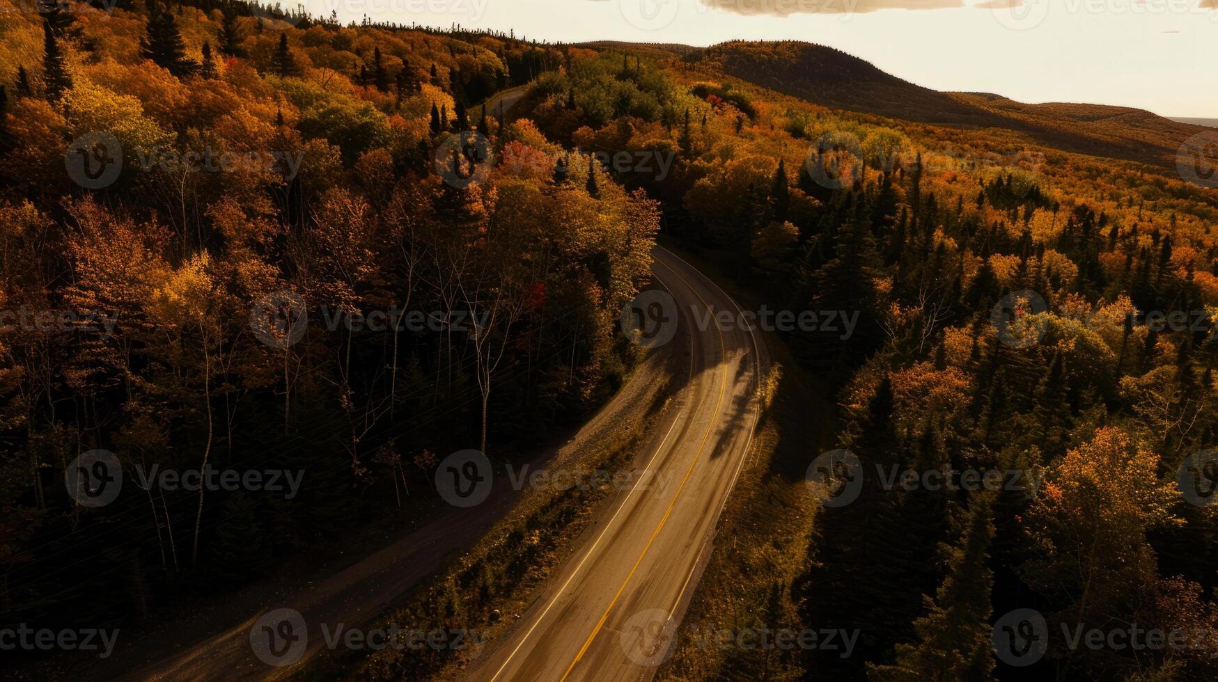 Serene Autumn Road Through Forested Mountains at Sunset photo