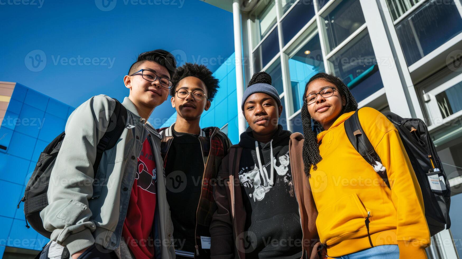 Diverse group of college students standing together outdoors on campus, bright sunny day, modern university building in the background photo
