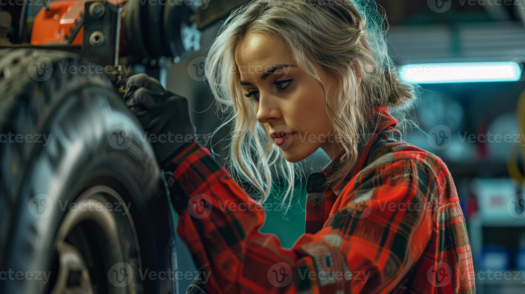 Young woman mechanic working on a car tire in a garage, focused and skilled photo