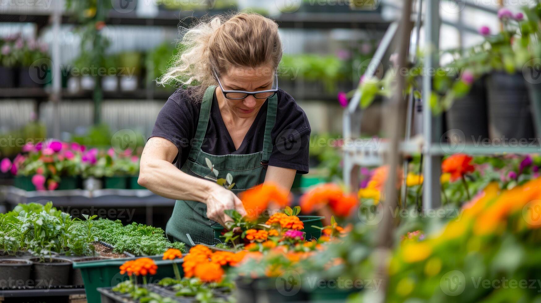 Dedicated female gardener tending to flowers in a greenhouse photo