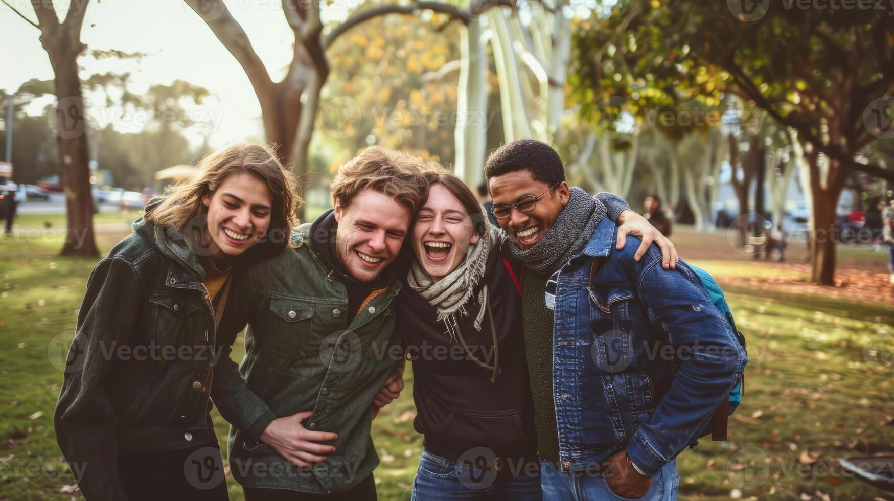 Group of Diverse Friends Laughing and Enjoying Time Together in a Park on a Sunny Day photo