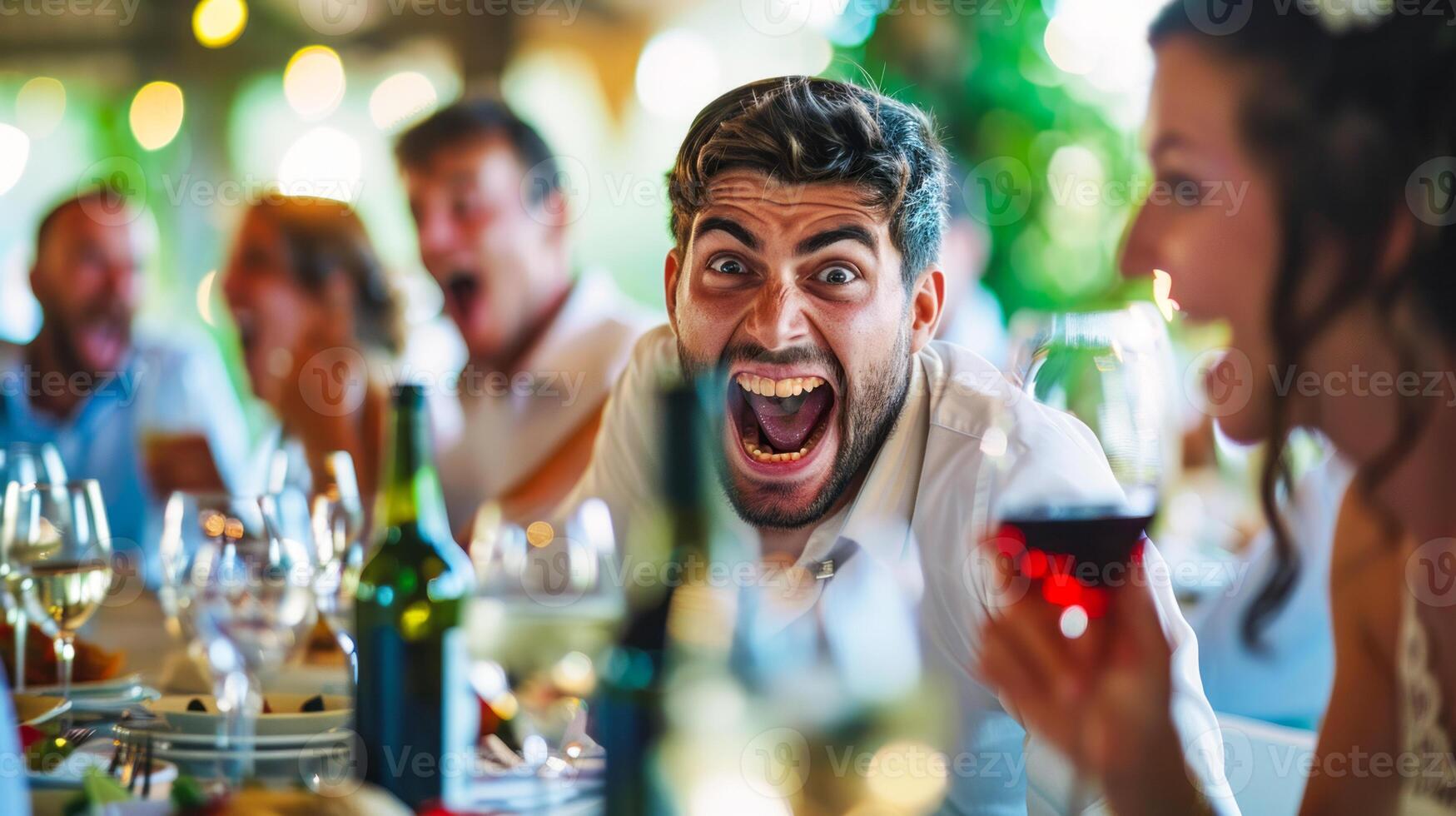 Group of friends celebrating at a dinner party, man excitedly shouting with joy, vibrant and lively atmosphere, focus on emotions and laughter photo