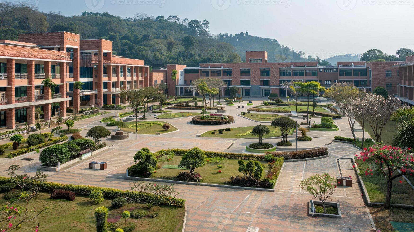 Modern university campus with landscaped garden and scenic surroundings photo