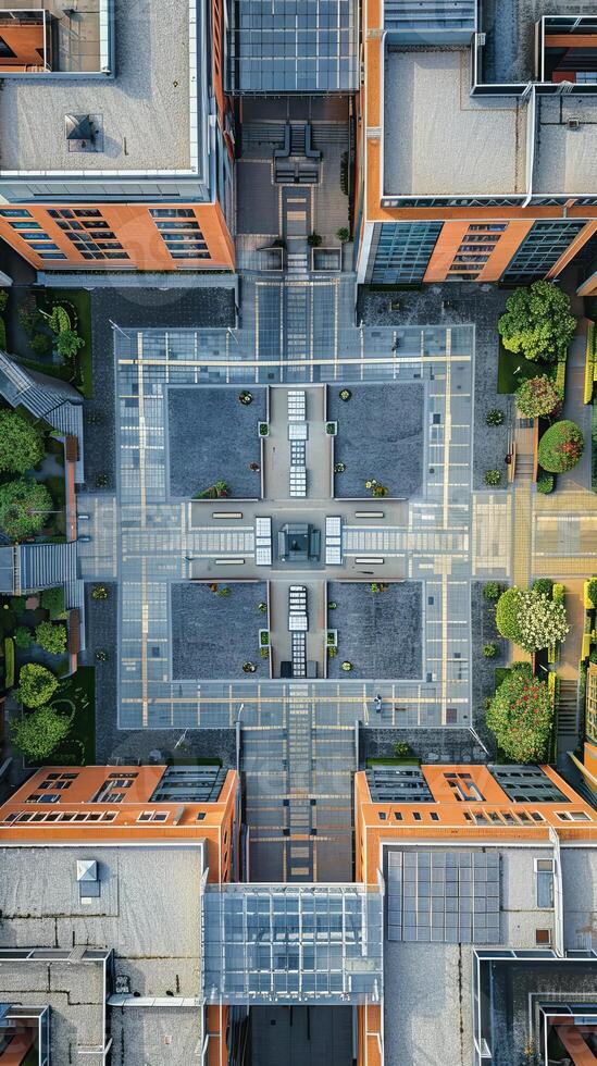 Aerial view of a modern urban courtyard with symmetrical architecture, rooftop gardens, and pathways between buildings in a vibrant city environment photo