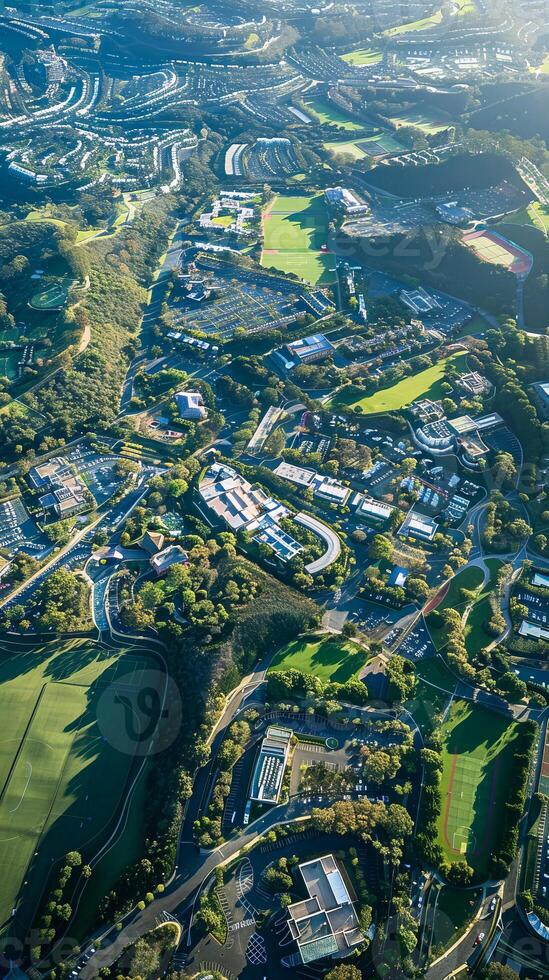 Aerial view of lush suburban landscape with sports fields and residential areas in vibrant morning light photo