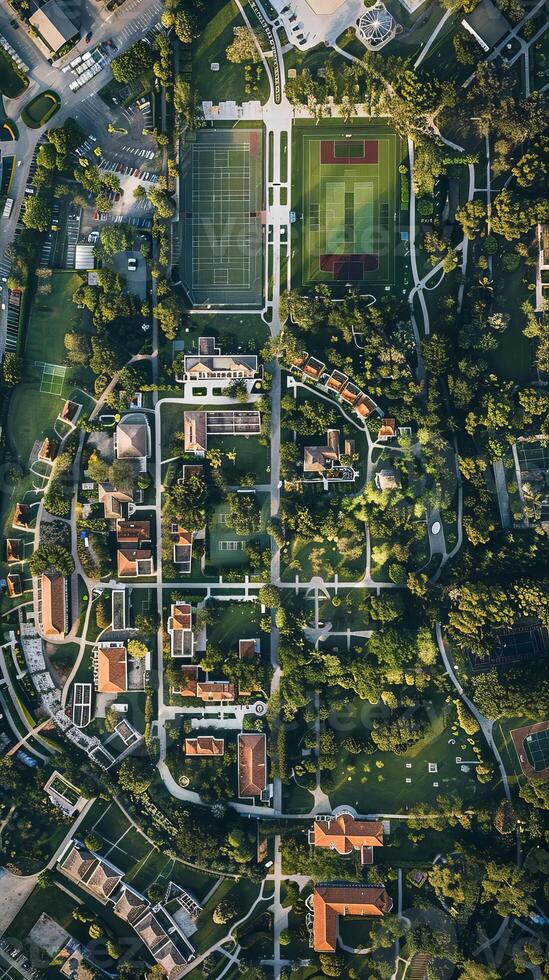 Aerial view of a college campus with sports fields and buildings photo
