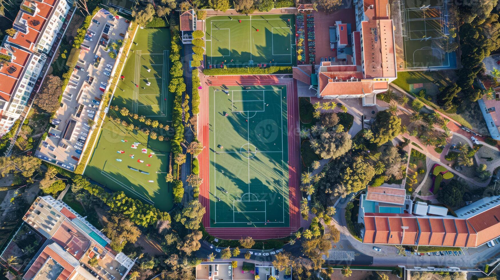 Aerial view of a modern sports complex with multiple football fields photo