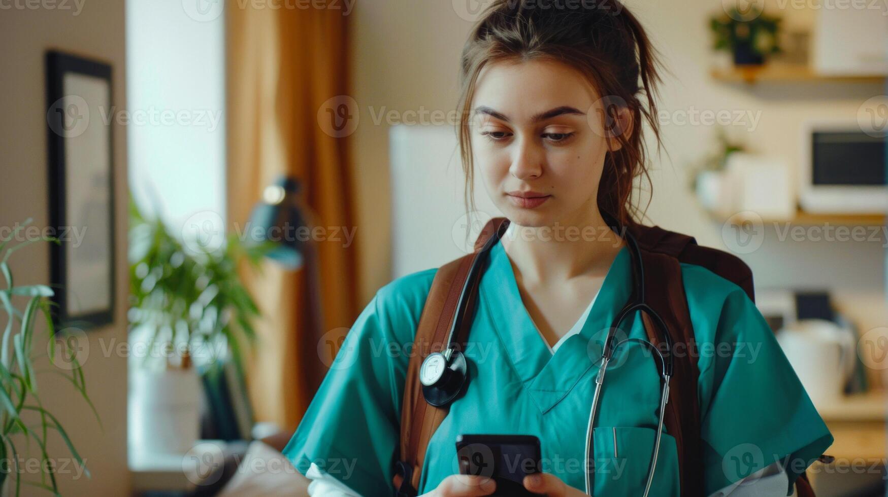 Nurse in scrubs checking phone in cozy, well-lit room photo