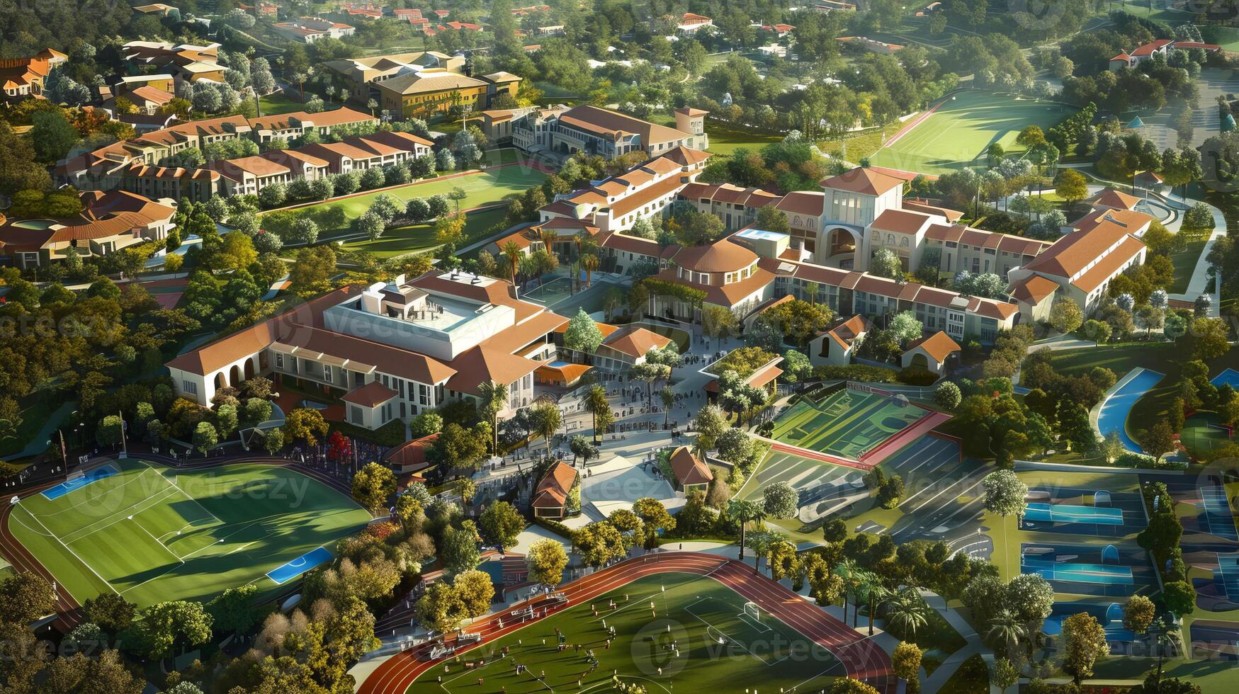 Aerial View of an Expansive University Campus with Sports Fields and Academic Buildings photo