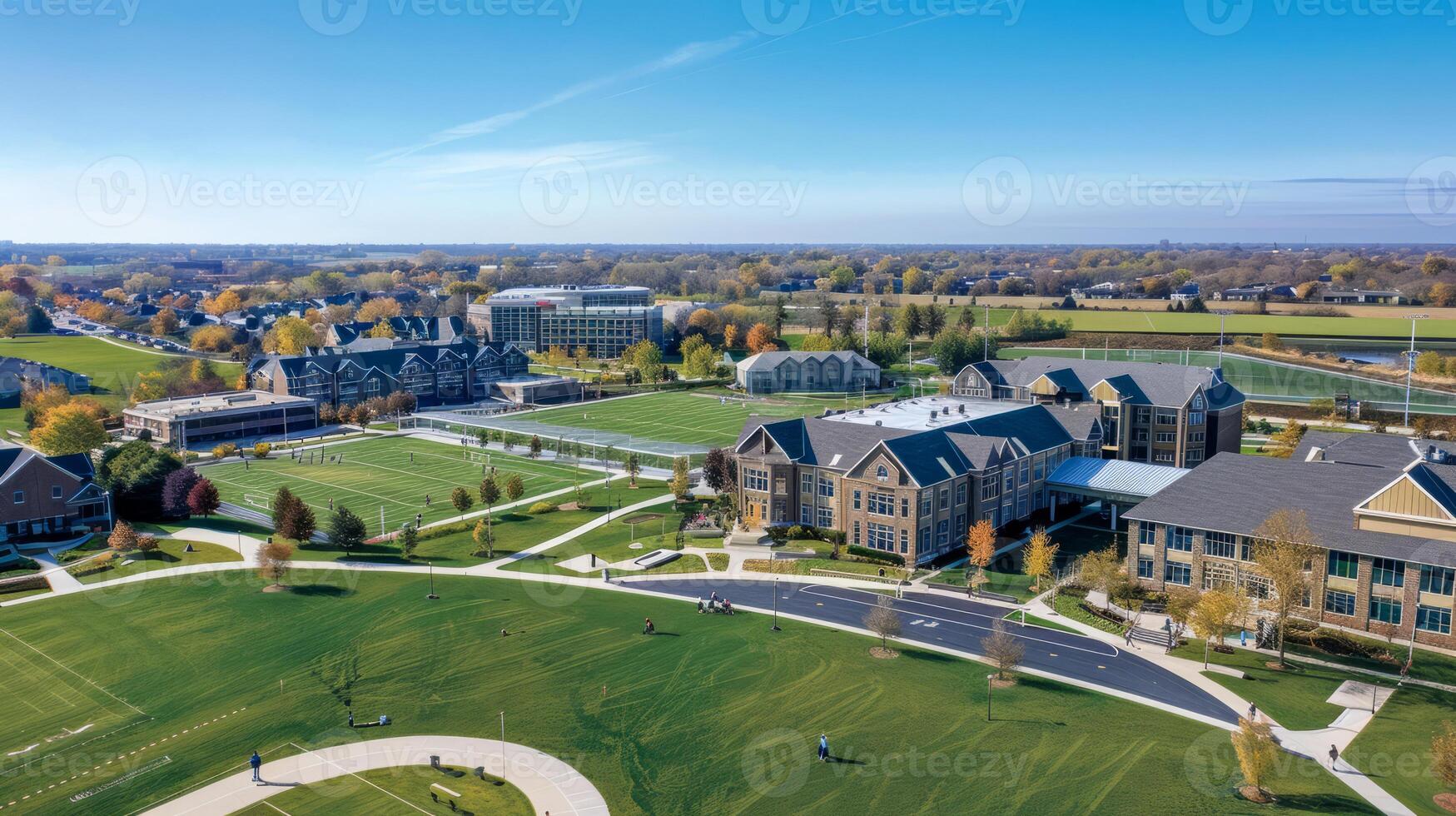Aerial view of a modern suburban college campus with green lawns, athletic fields, and academic buildings on a clear day photo