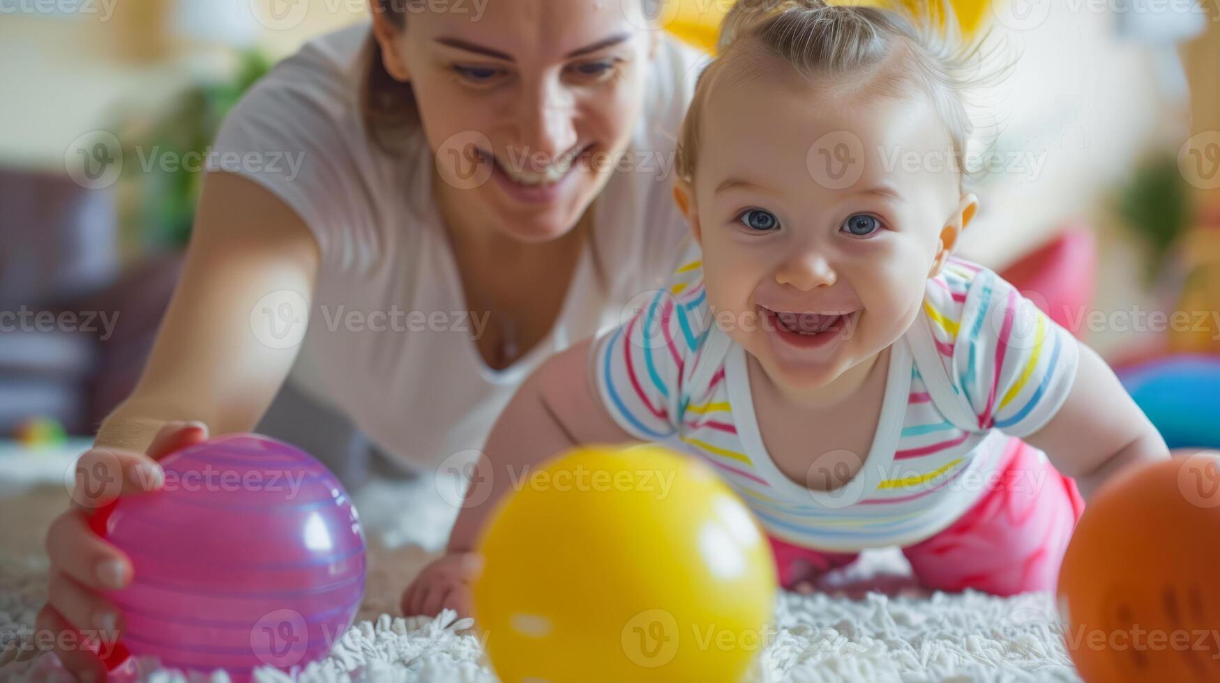 Smiling baby playing with colorful balls on the floor, happy infant and mother enjoying quality playtime, family bonding and early childhood development photo