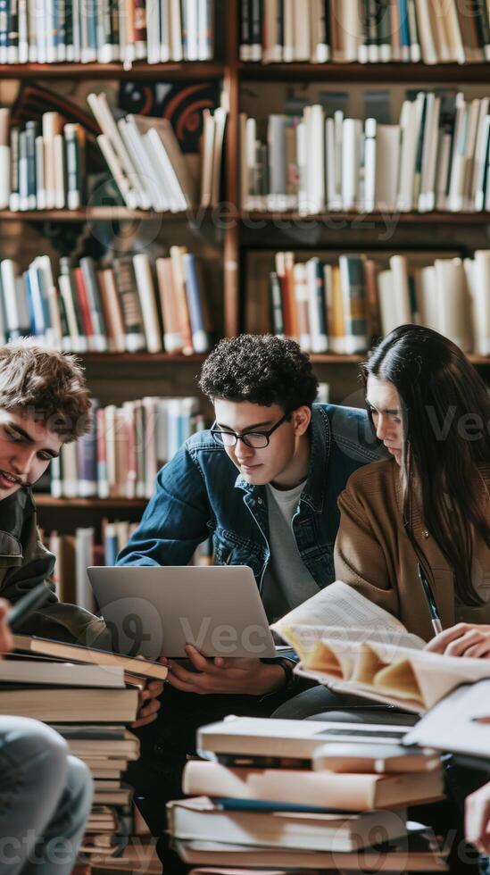 Students studying together in a library with books and a laptop, focused and collaborative learning environment photo