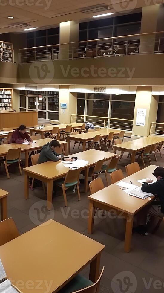 Students studying late night in a modern library with bookshelves photo