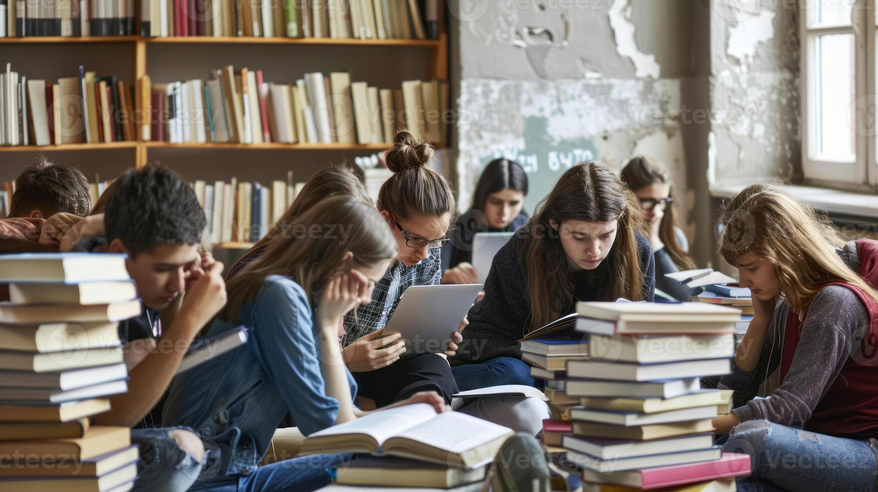 Students studying in a crowded library with stacks of books, focused and engrossed in their work photo