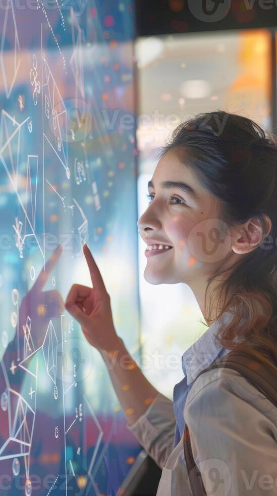 Young Woman Interacting with Futuristic Touch Screen Display photo