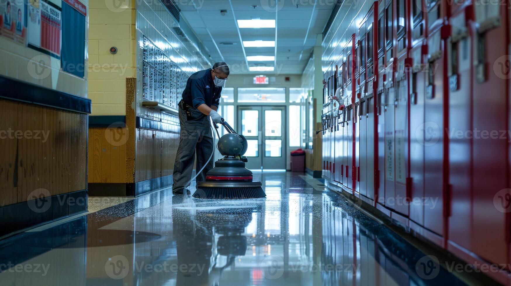Custodian cleaning and polishing school hallway with floor machine photo