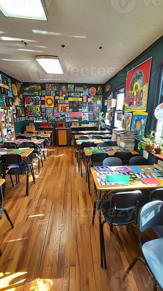 Vibrant Classroom Interior Filled with Art and Educational Materials photo