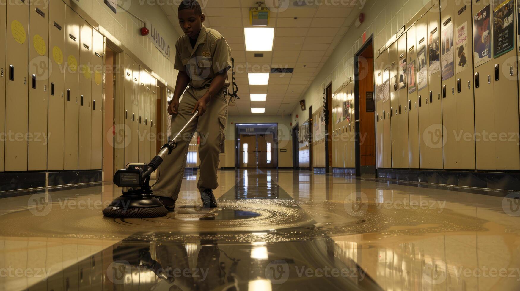 School janitor cleaning hallway floor with floor scrubber machine photo