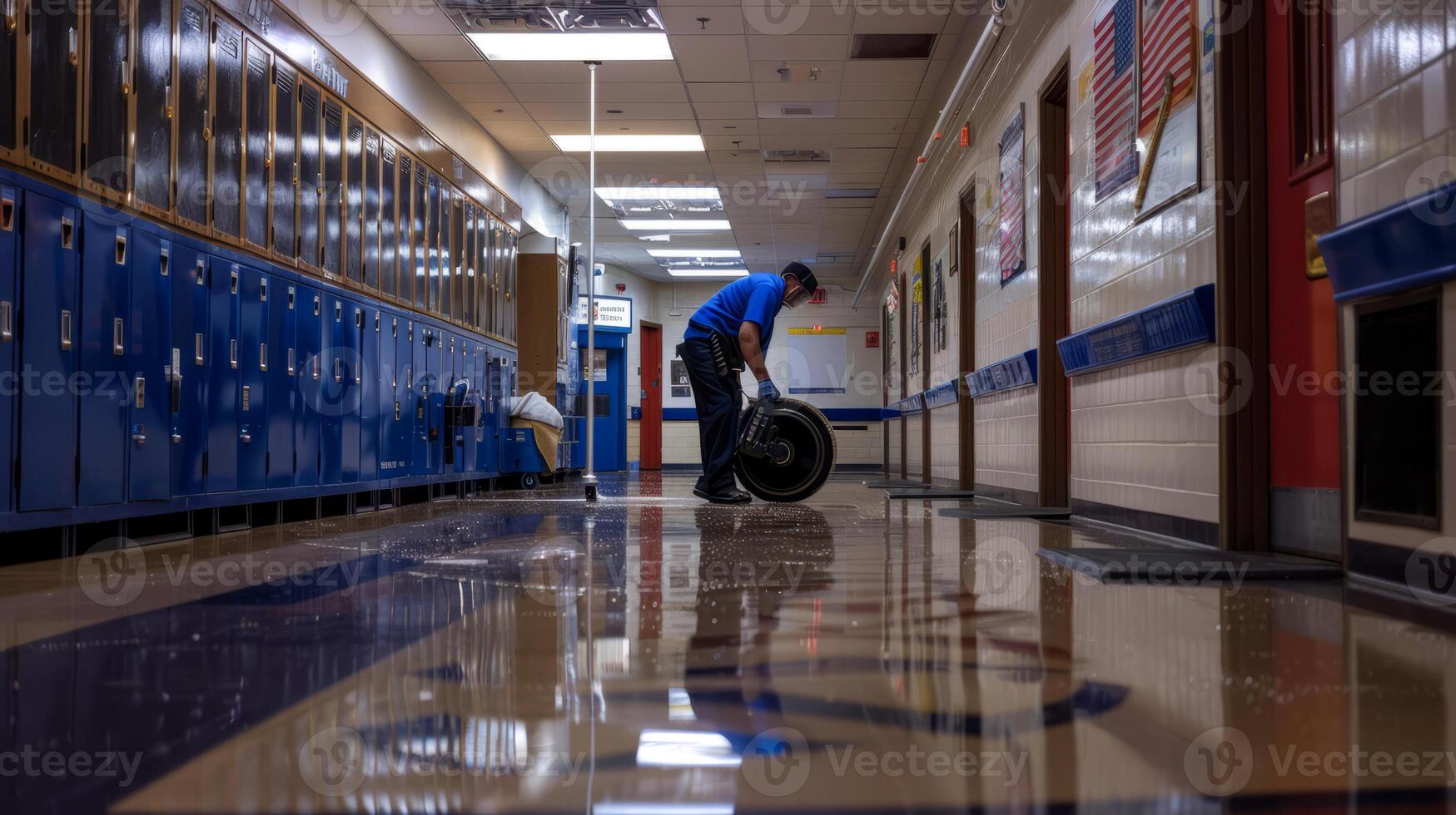 Custodian cleaning school hallway with a floor buffer machine at night photo