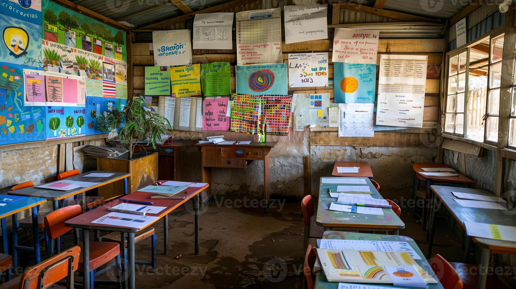 Vibrant rural classroom with educational posters and empty desks photo