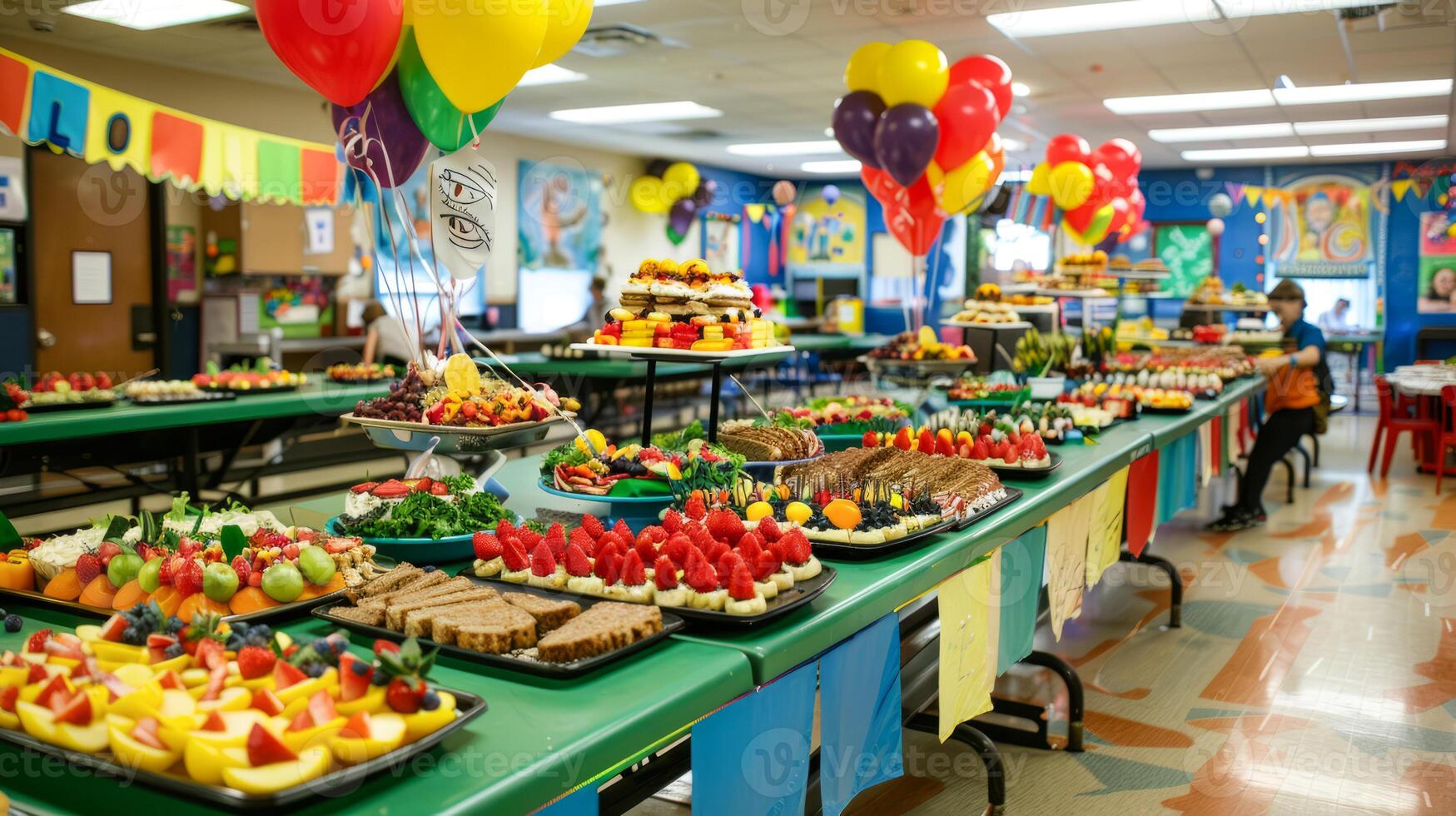 Colorful banquet table with assorted fruits and desserts at a party photo