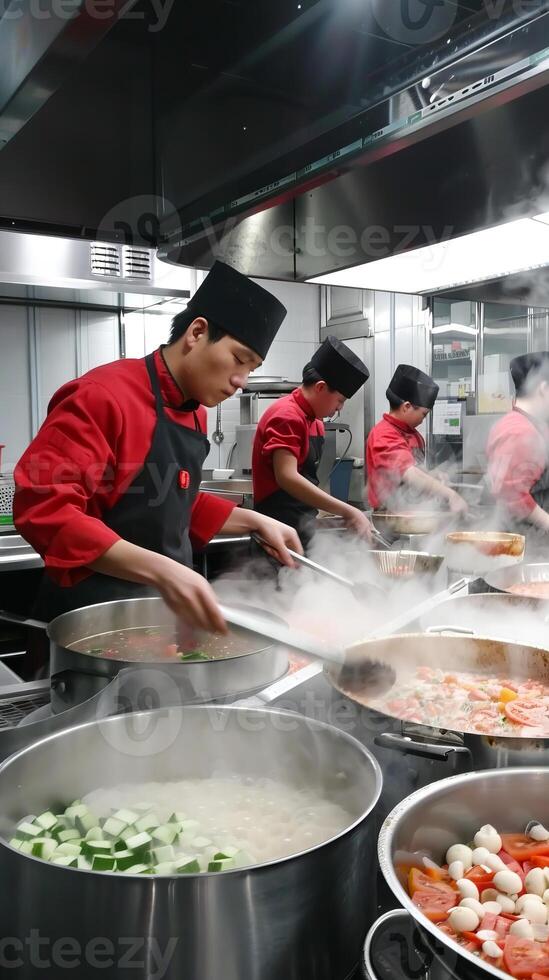 Professional chefs cooking in a busy commercial kitchen with steam photo