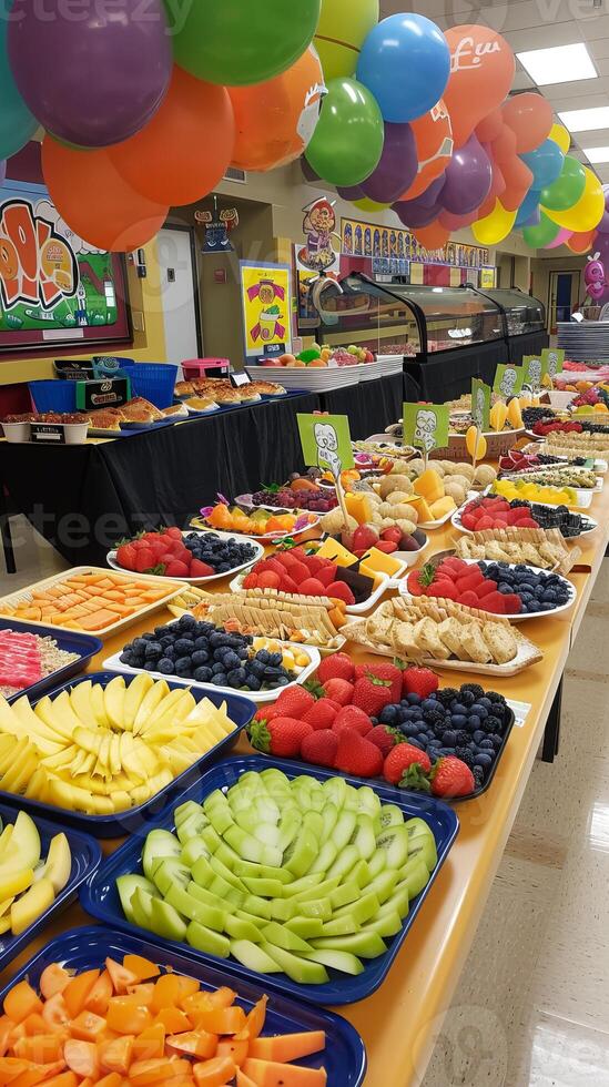 Colorful fruit buffet display with balloons and decorations photo