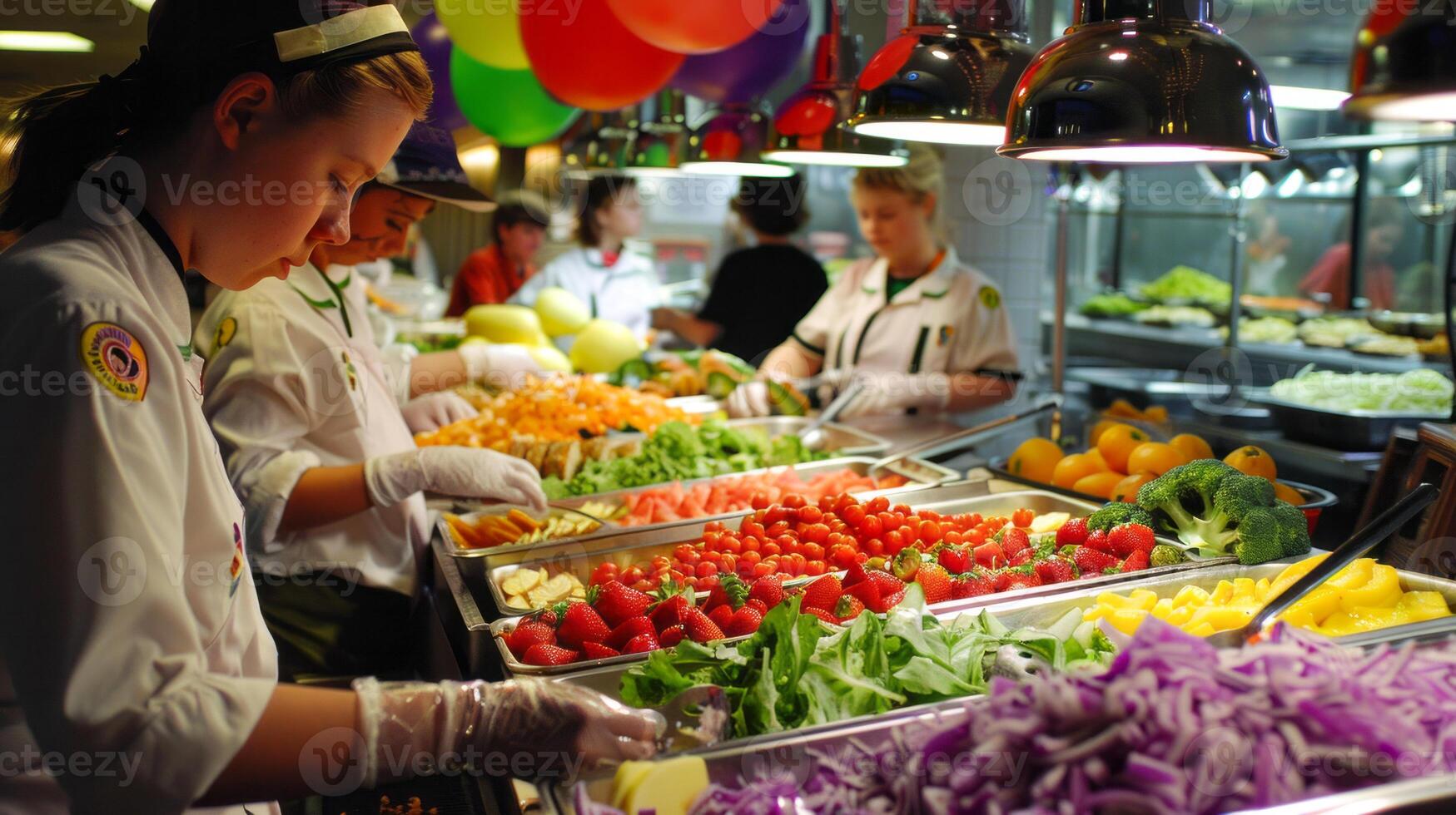 Chefs Preparing Fresh Vegetables at a Colorful Buffet Station photo