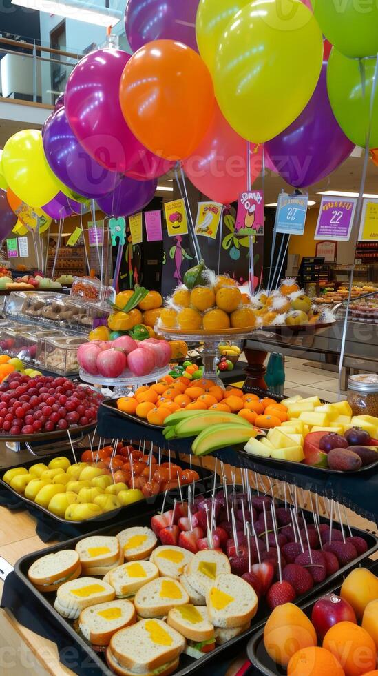 Vibrant fruit and sandwich display at supermarket with balloons photo