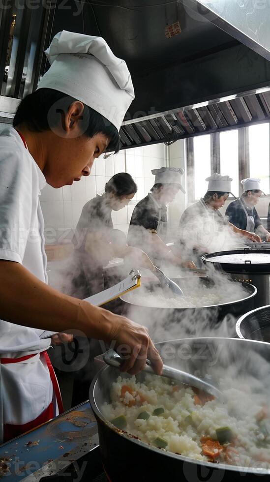 Team of chefs cooking in a professional kitchen with steam rising photo