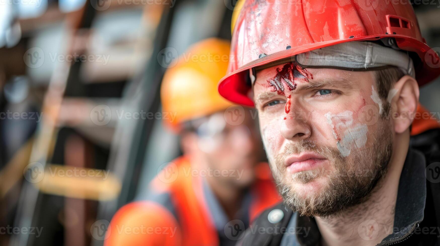 Injured construction worker wearing hard hat and bandage on forehead photo