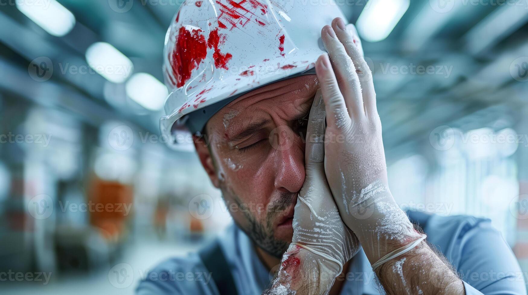 Construction worker injured on site, holding head in pain, safety issue photo