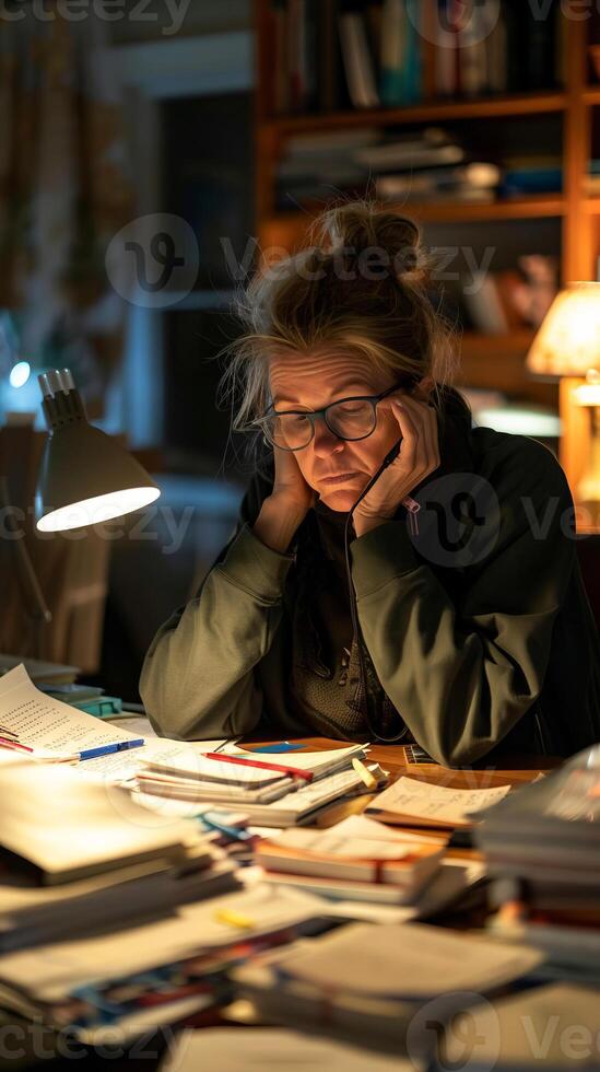 Exhausted woman studying late at night surrounded by books and papers photo
