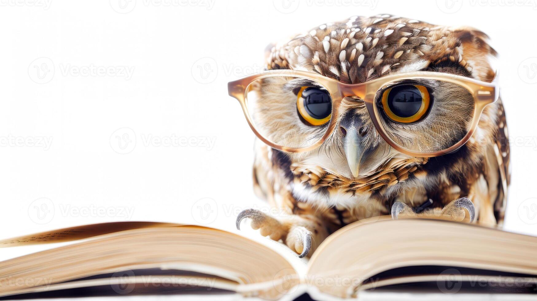 Wise owl wearing glasses reading an open book isolated on white photo