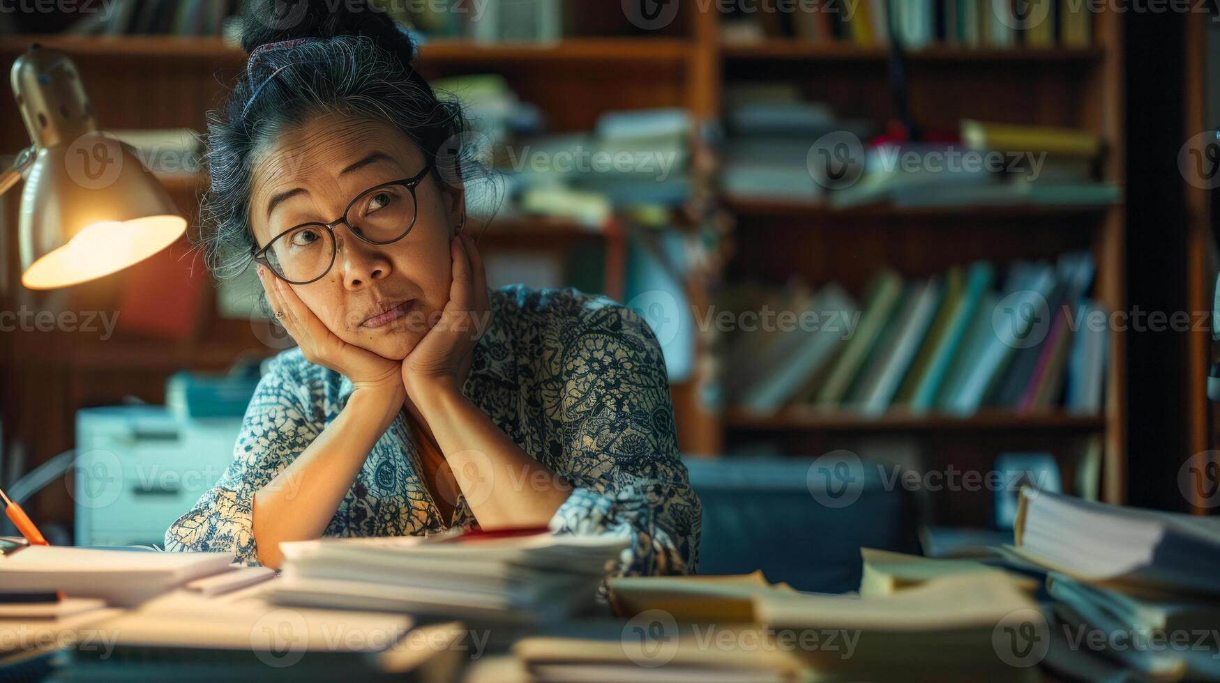 Thoughtful elderly woman working at a desk filled with books and papers photo