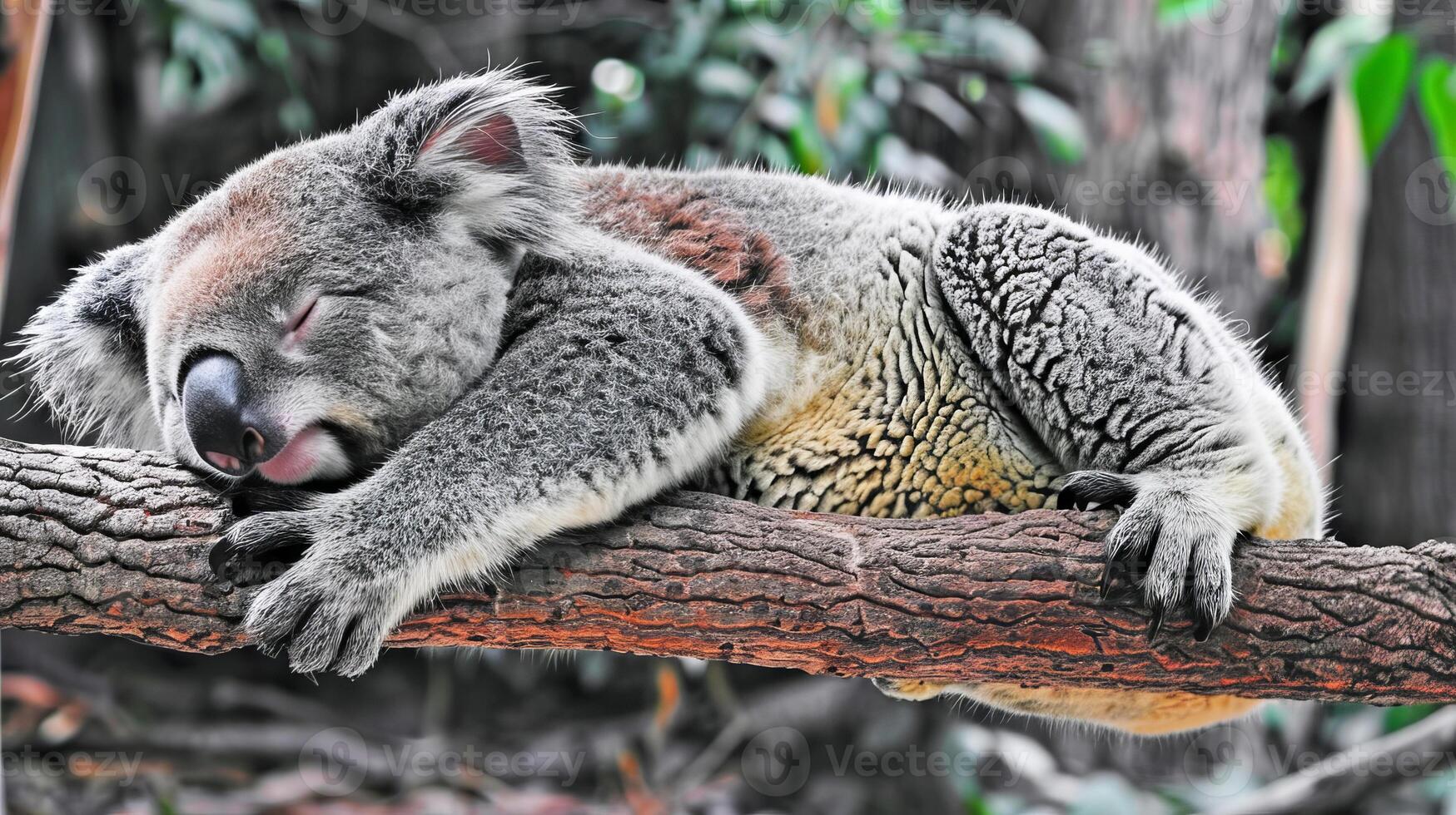 Sleepy koala resting peacefully on a tree branch in Australian forest photo