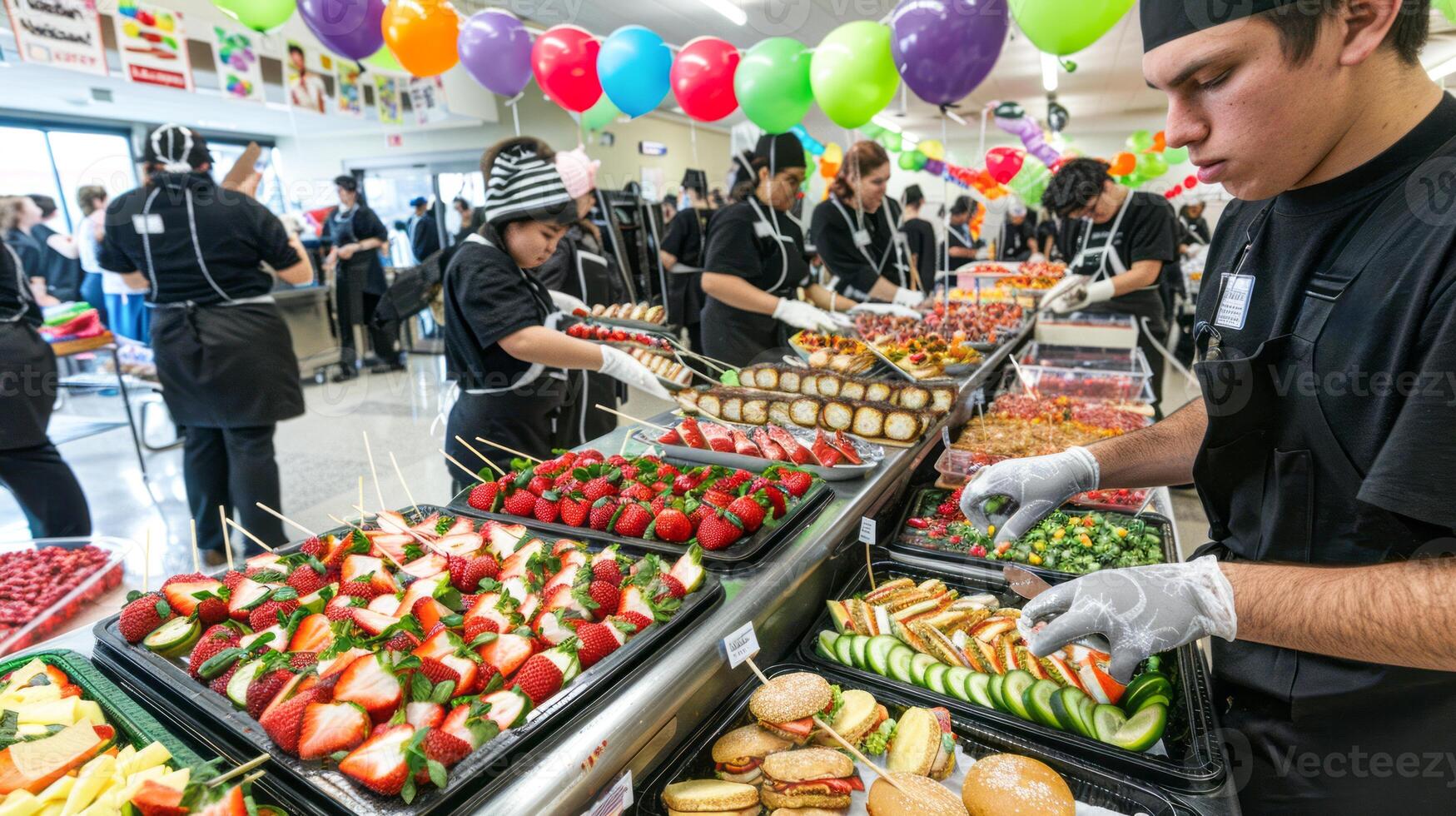 Catering event with chefs preparing a variety of fresh appetizers and snacks photo