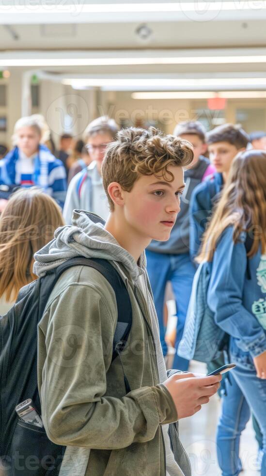 Teenager with backpack and smartphone walking in busy school hallway during class change photo