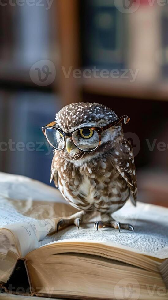 Wise owl wearing glasses, reading a book in a library setting photo