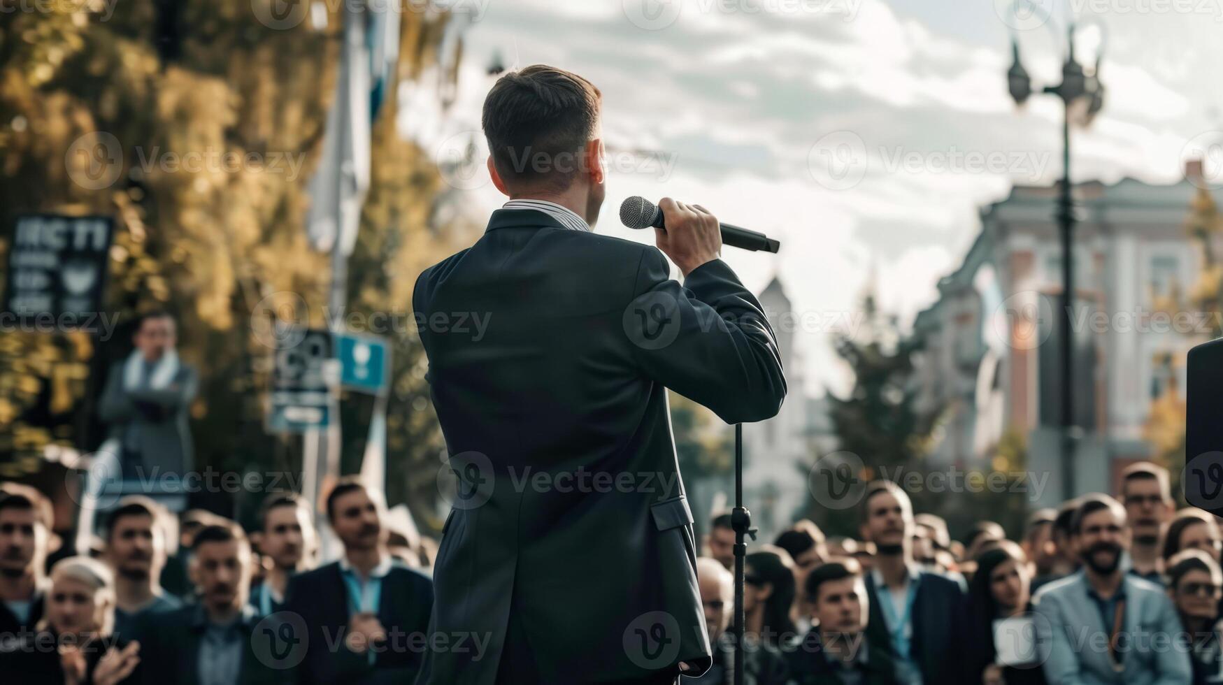 Politician giving a speech to an attentive crowd at an outdoor event photo