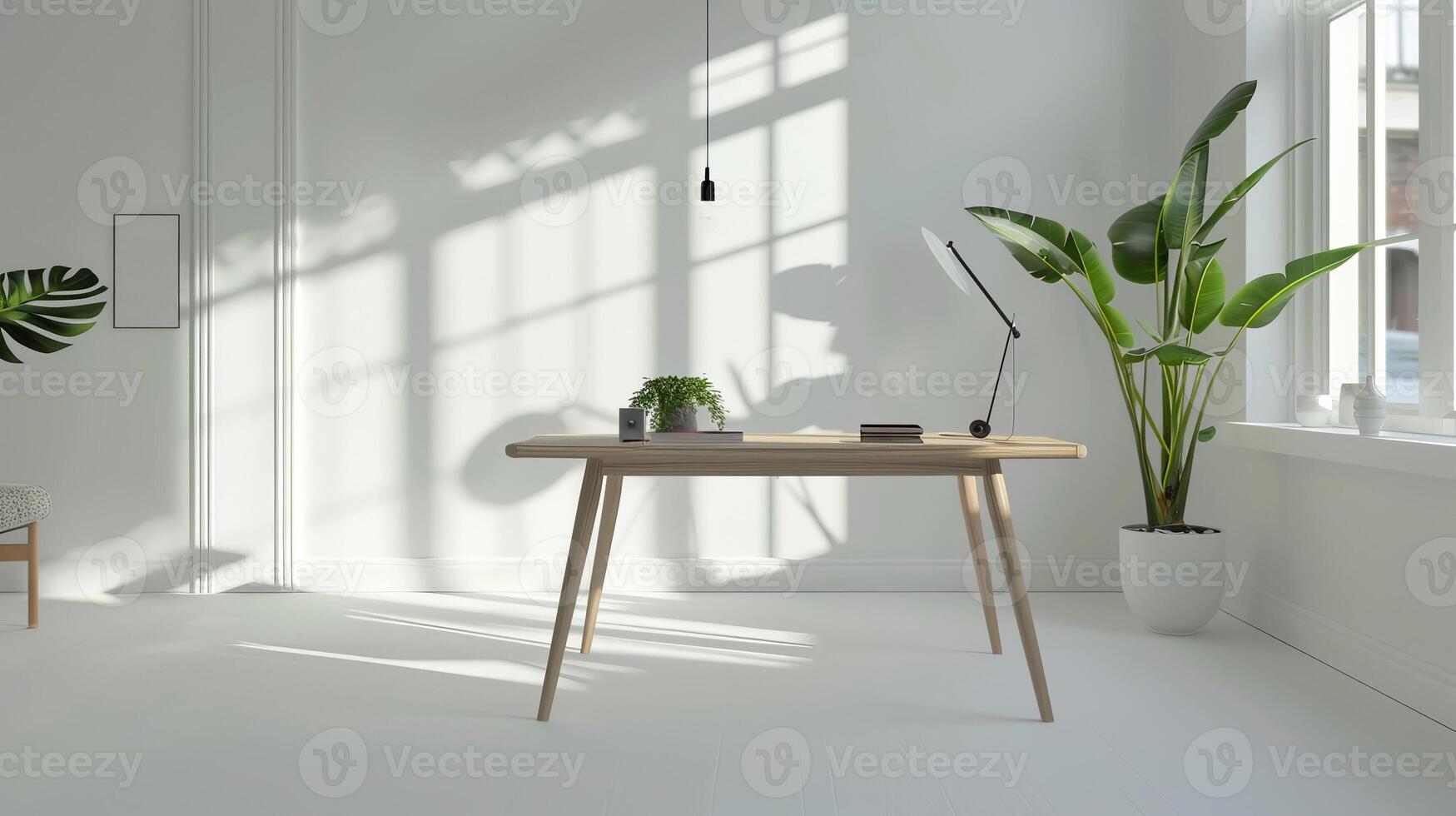 Minimalistic modern workspace with wooden desk and indoor plants photo